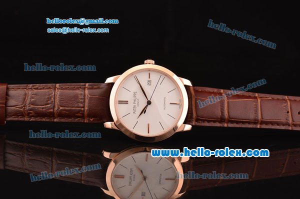 Patek Philippe Calatrava Swiss ETA 2824 Automatic Rose Gold Case with Brown Leather Strap White Dial Stick Markers - Click Image to Close